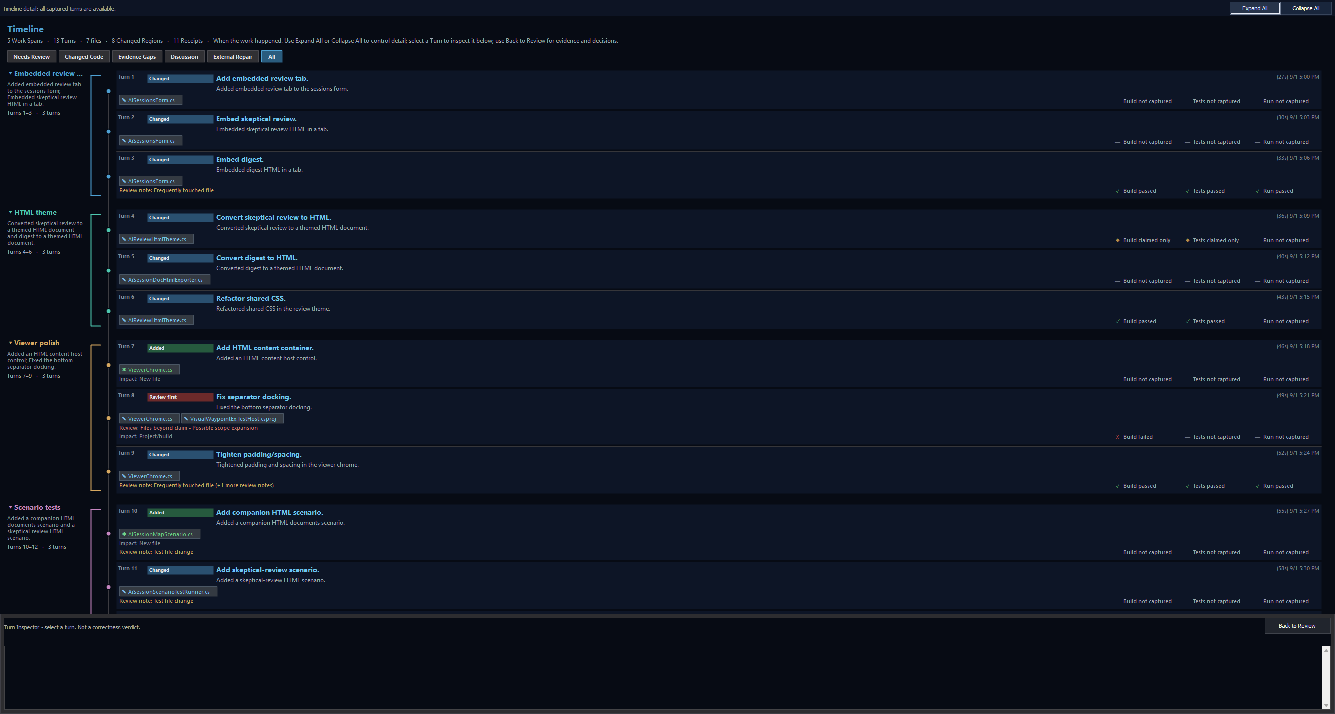 Visual Waypoint Timeline Product Tour view showing captured Turns grouped into five colorful Work Spans with filters and code links.